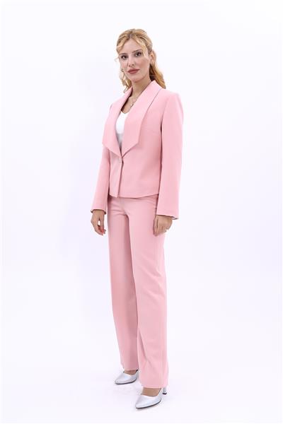 Tek Düğmeli Klasik Modern Ceket & Bol Paça Pantolon Kadın Takım Elbise-Pudra