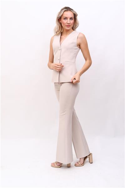  Uzun Klasik Yelek & İspanyol  Paça Pantolon Takım-Bej