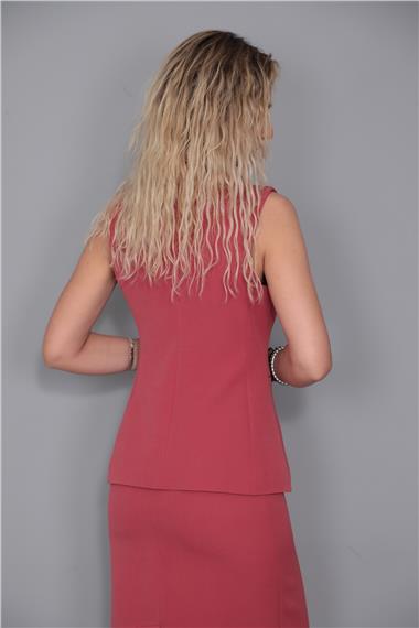 V Yaka Süs Filotalı Yelek-Kiremit