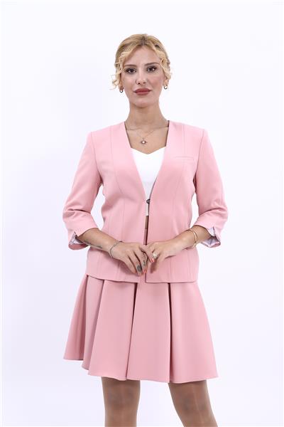 V Yaka Kısa Klasik Kadın Ceket-Pudra