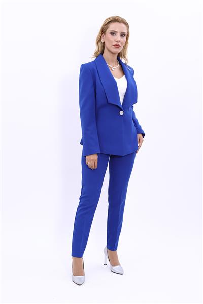  Yakalı Tek düğmeli Klasik Ceket & Dar Paça Pantolon Kadın Takım Elbise-Saks