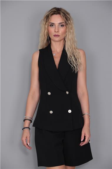 Şal Yaka Kuruvaze Yelek-Siyah