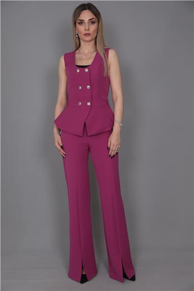 Aller Yelek & İspanyol Yırtmaçlı Paça Pantolon Takım-Fuşya