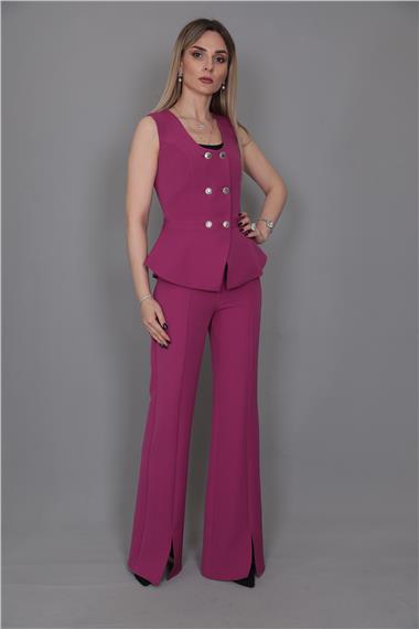 Aller Yelek & İspanyol Yırtmaçlı Paça Pantolon Takım-Fuşya
