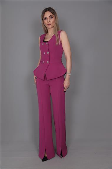 Aller Yelek & İspanyol Yırtmaçlı Paça Pantolon Takım-Fuşya