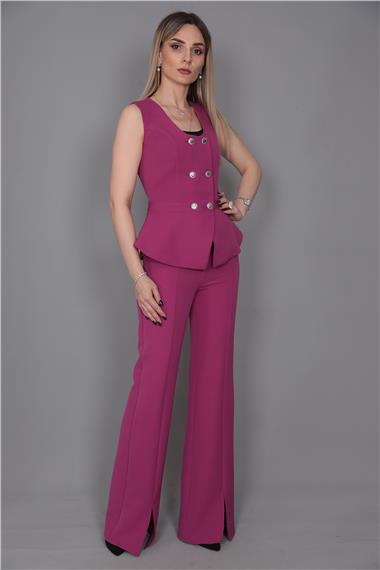 Aller Yelek & İspanyol Yırtmaçlı Paça Pantolon Takım-Fuşya
