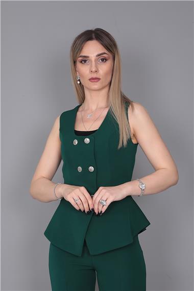 Oval Yaka Kuruvaze Yelek-Zümrüt