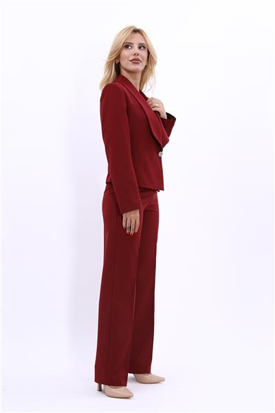 Amerikan Yaka Kısa Klasik Ceket & Bol Paça Pantolon-Bordo