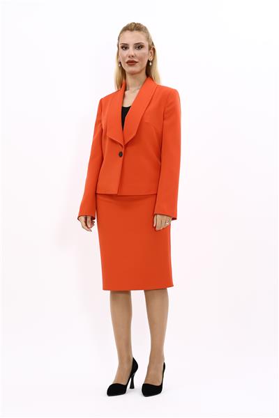 Amerikan Yaka Kısa Klasik Ceket &  Düz Dar Etek-Turuncu