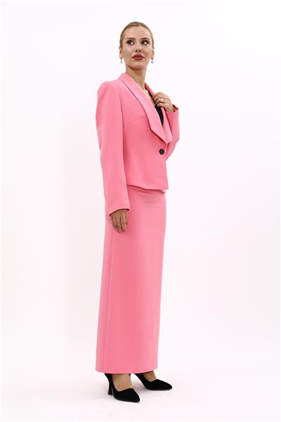 Amerikan Yaka Kısa Klasik Ceket &  Uzun Düz Dar Etek-Pembe