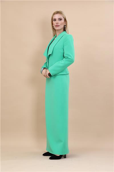 Amerikan Yaka Kısa Klasik Ceket &  Uzun Düz Dar Etek-Yeşil