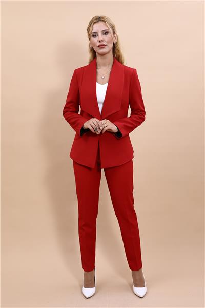 Amerikan Yaka Klasik Ceket & Dar Paça Pantolon-Kırmızı