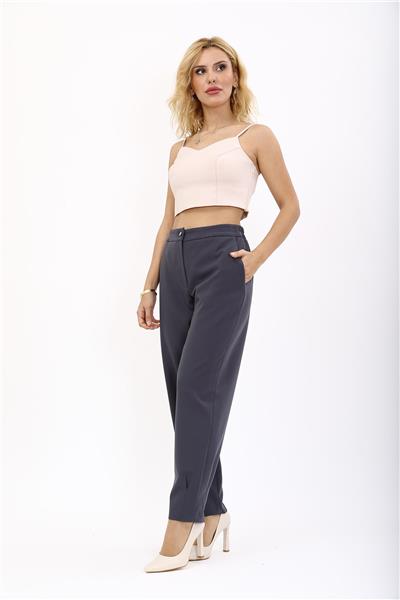 Arkası Lastikli Cepli Spor Kadın Pantolon-Füme