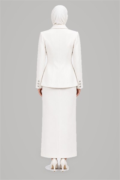 Asimetrik Kruvaze Ceket Uzun Dar Etek Takım 1179553-Beyaz