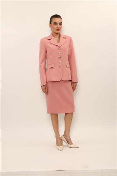 Bebe Yaka Klasik Ceket & Düz Dar Etek-Pudra