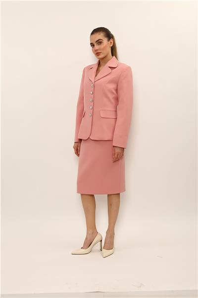 Bebe Yaka Klasik Ceket & Düz Dar Etek-Pudra