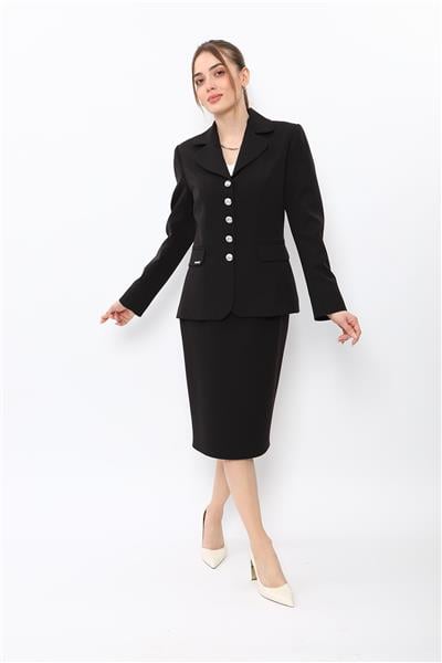 Bebe Yaka Klasik Ceket & Düz Dar Etek-Siyah