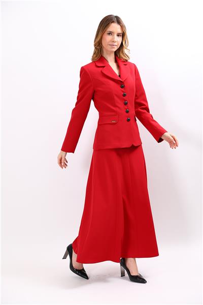 Bebe Yaka Klasik Ceket & Kemerli 8 Parça Etek-Kırmızı