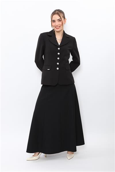 Bebe Yaka Klasik Ceket & Kemerli 8 Parça Etek-Siyah