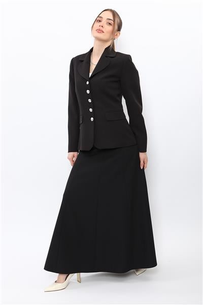 Bebe Yaka Klasik Ceket & Kemerli 8 Parça Etek-Siyah