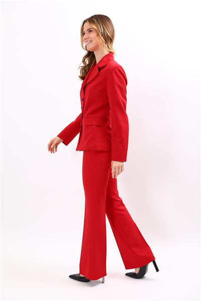 Bebe Yaka Klasik Ceket & Kemerli İspanyol Paça Pantolon-Kırmızı