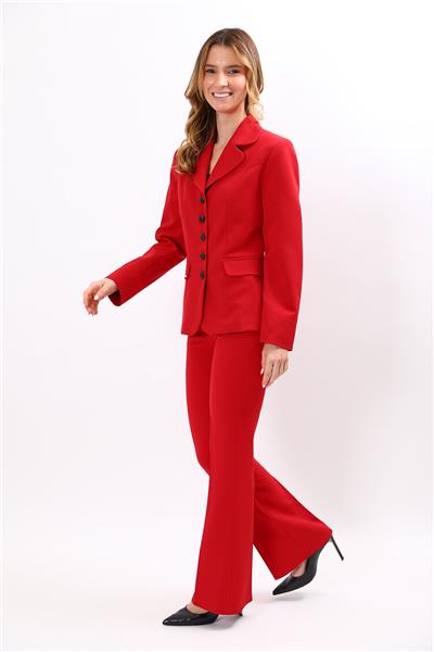Bebe Yaka Klasik Ceket & Kemerli İspanyol Paça Pantolon-Kırmızı