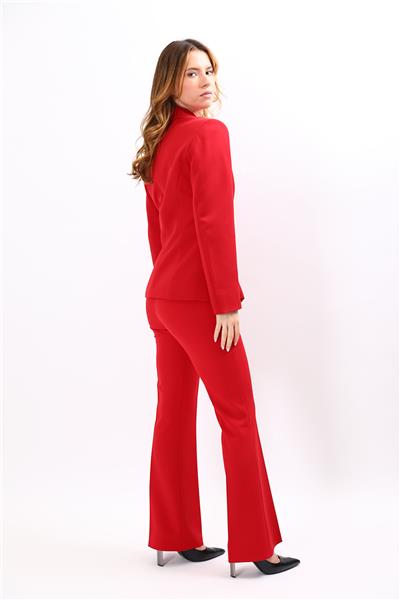 Bebe Yaka Klasik Ceket & Kemerli İspanyol Paça Pantolon-Kırmızı