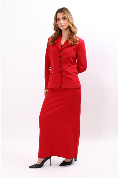 Bebe Yaka Klasik Ceket & Kemerli Kare Cepli Çan Etek-Kırmızı
