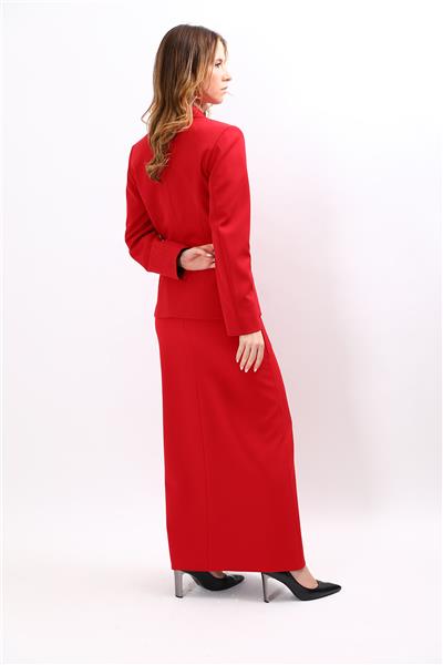 Bebe Yaka Klasik Ceket & Kemerli Kare Cepli Çan Etek-Kırmızı