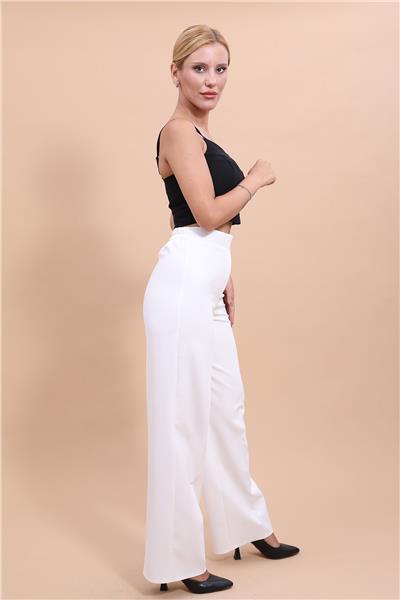 Beli Lastikli Rahat Bol Paça Kadın Pantolon-Beyaz