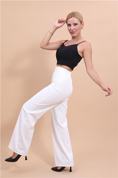 Beli Lastikli Rahat Bol Paça Kadın Pantolon-Beyaz