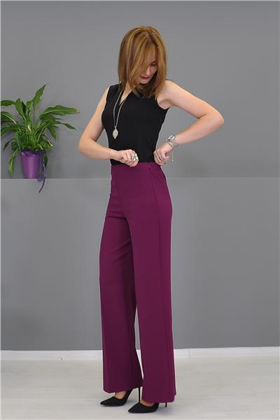 Beli Lastikli Rahat Bol Paça Kadın Pantolon-Mürdüm