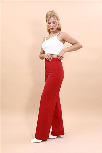 Beli Lastikli Rahat Bol Paça Kadın Pantolon-Kırmızı