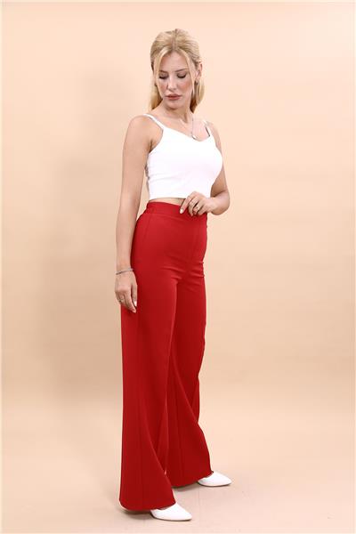 Beli Lastikli Rahat Bol Paça Kadın Pantolon-Kırmızı