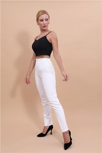 Beli Lastikli Rahat Dar Paça Kadın Pantolon-Beyaz
