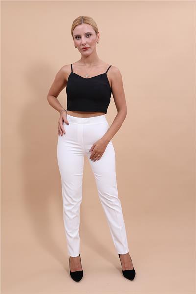 Beli Lastikli Rahat Dar Paça Kadın Pantolon-Beyaz