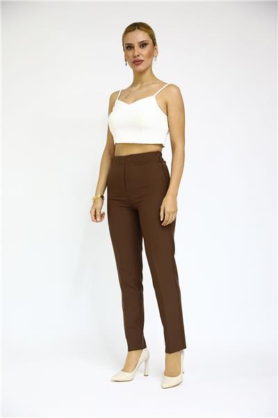 Beli Lastikli Rahat Dar Paça Kadın Pantolon-Kestane