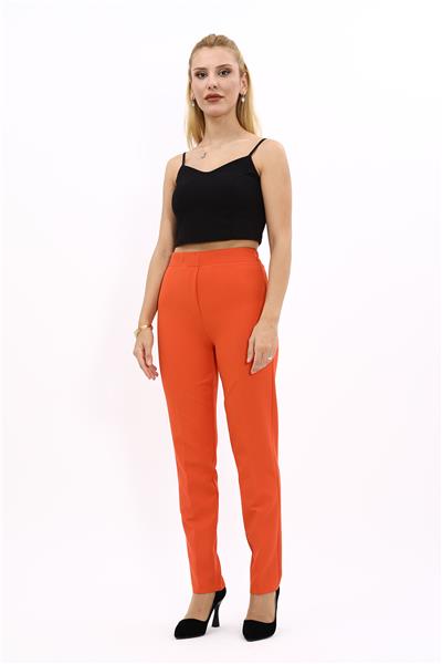 Beli Lastikli Rahat Dar Paça Kadın Pantolon-Turuncu