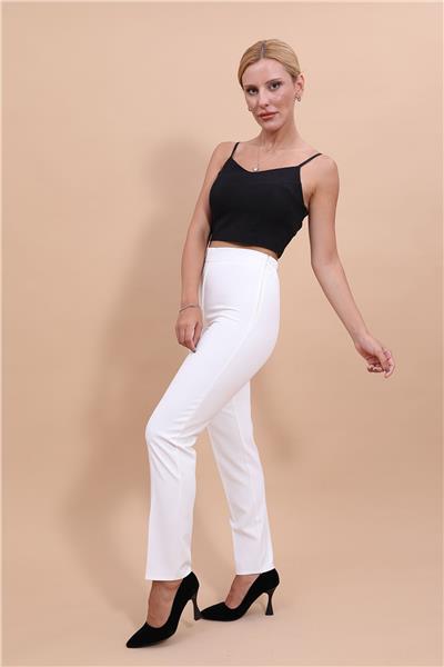 Beli Lastikli Rahat Dar Paça Kadın Pantolon-Beyaz