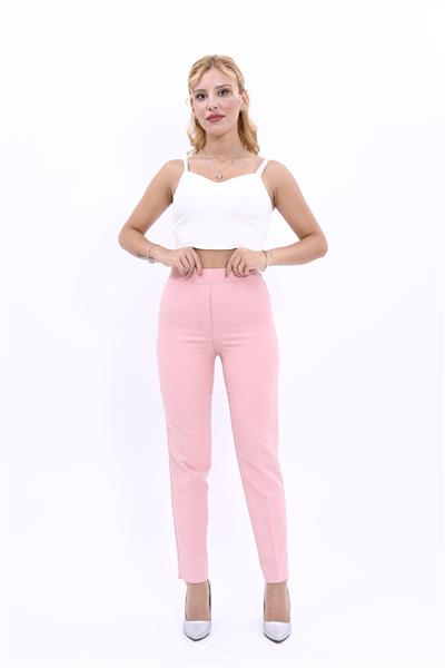 Beli Lastikli Rahat Dar Paça Kadın Pantolon-Pudra