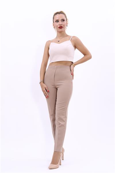 Beli Lastikli Rahat Dar Paça Kadın Pantolon-Taş