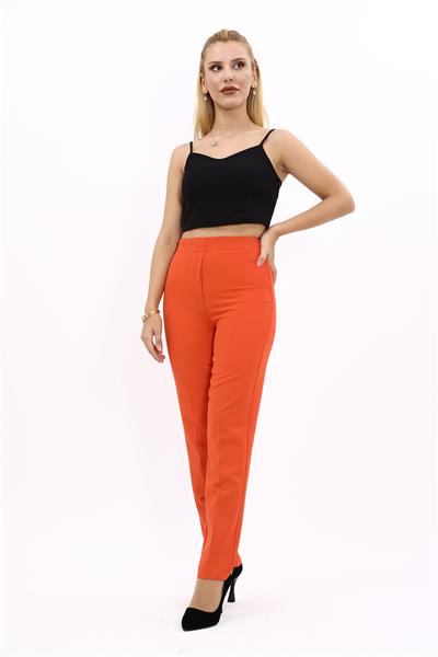Beli Lastikli Rahat Dar Paça Kadın Pantolon-Turuncu