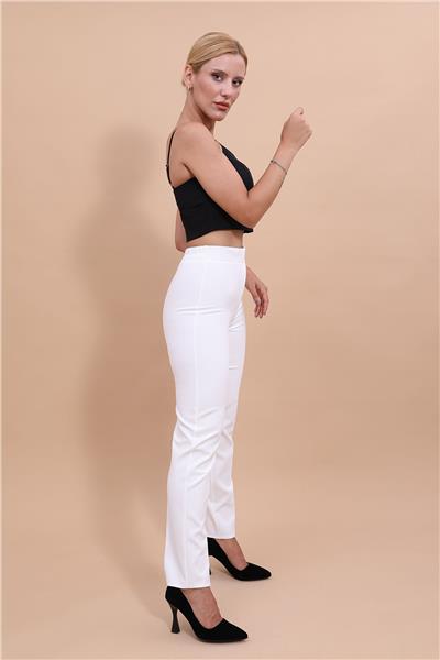 Beli Lastikli Rahat Dar Paça Kadın Pantolon-Beyaz