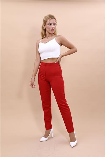 Beli Lastikli Rahat Dar Paça Kadın Pantolon-Kırmızı