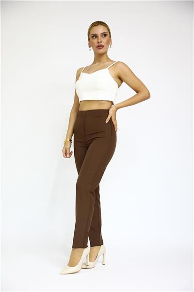 Beli Lastikli Rahat Dar Paça Kadın Pantolon-Kestane