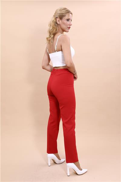 Beli Lastikli Rahat Dar Paça Kadın Pantolon-Kırmızı