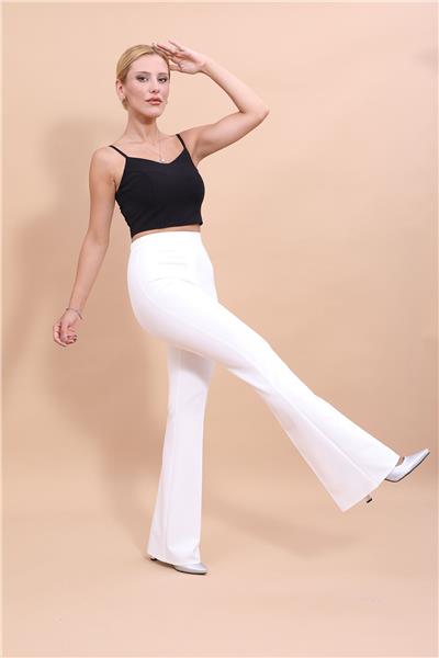 Beli Lastikli Rahat İspanyol Paça Kadın Pantolon-Beyaz