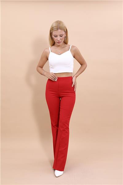 Beli Lastikli Rahat İspanyol Paça Kadın Pantolon-Kırmızı