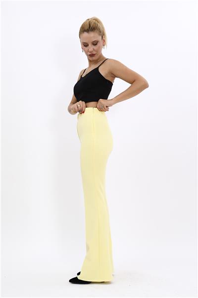 Beli Lastikli Rahat İspanyol Paça Kadın Pantolon-Sarı