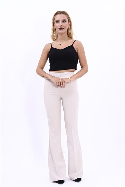 Beli Lastikli Rahat İspanyol Paça Kadın Pantolon-Bej